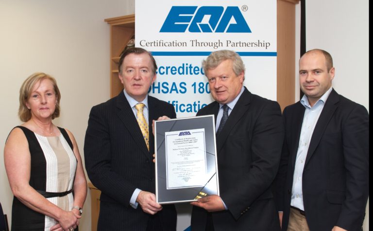 Mallow Primary Healthcare Centre awarded OHSAS 18001 Certification by EQA.Mallow Primary Healthcare Centre, Co. Cork has become one of the first Primary Healthcare Centres to be awarded an Occupational Health & Safety Management System certificate. EQA (Ireland) are the first and currently the only certification body with OHSAS 18001 accreditation from the Irish National Accreditation Board (INAB). Certificates were presented by Mr. John Perry TD, Minister for Small Business at a ceremony marking the launch at the National Irish Safety Organisation (NISO) head office in Dublin. Pictured at the certificate presentation were (from left to right): John Perry TD Minister for Small Business Dr. David Molony Mallow Primary Healthcare Centre Damian Casey Christine Daly Director EQA Twenty other organisations representing a wide range of business sectors received their certificates from the Minister at the function. Over 60,000 organisations in more than 120 countries have been certified to the OHSAS 18001 standard in the past decade. Speaking at the presentation, the Minister congratulated Mallow Primary Healthcare Centre and the other organisations on achieving OHSAS 18001 certification. He spoke of the advantages of OHSAS 18001 Certification, in particular the opportunities for an organisation to control its OH&S risks and improve its OH&S performance. In addition, the Minister stated that certification is being recognised increasingly by industry as a clear advantage when tendering for public and private sector contracts at local and international levels. Mallow Primary Healthcare Centre Mallow, Co.Cork.